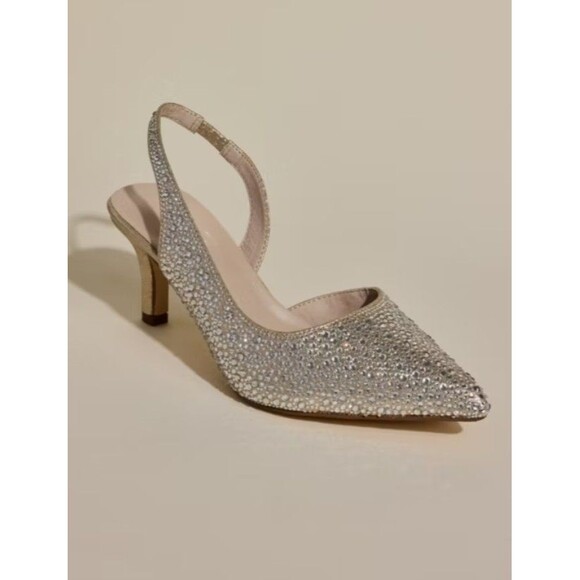 Oleg Cassini Champagne Rhinestone Embellished Pointed Toe Slingback 3" Heels 11 - Picture 1 of 8